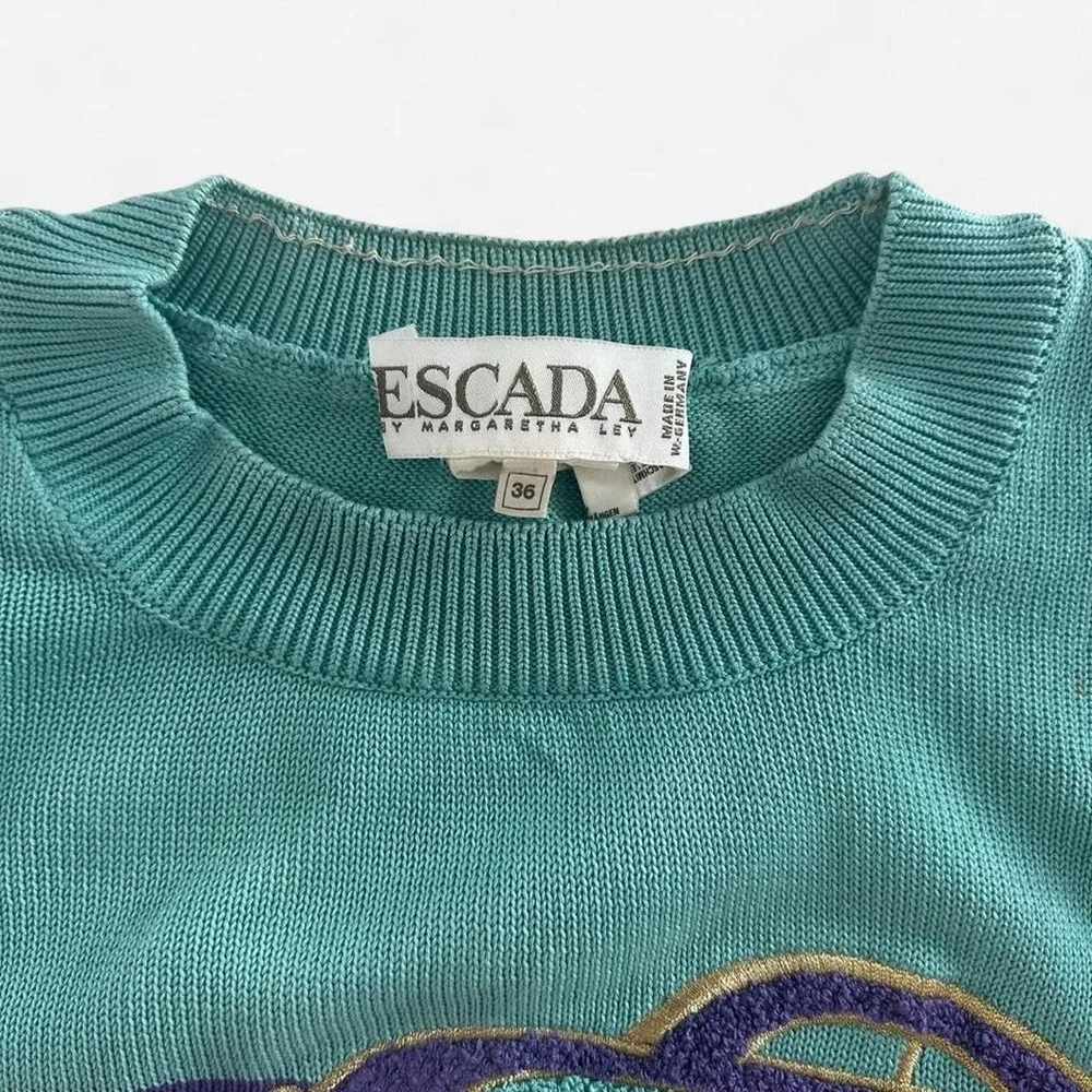 Escada Margaretha Ley Vintage Colorblock Car Applique Sweater W-Germany 80s